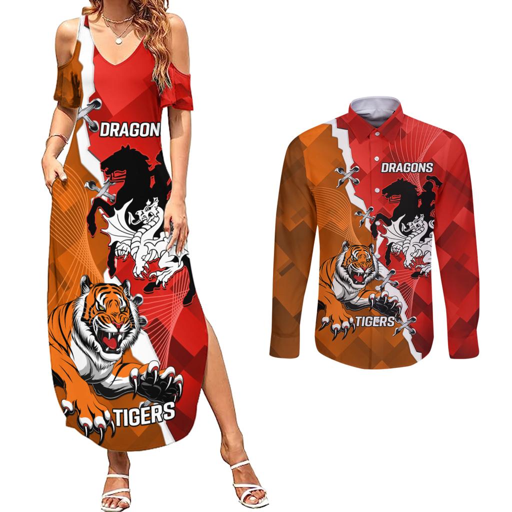 Personalised Dragons And Tigers Rugby Couples Matching Summer Maxi Dress and Long Sleeve Button Shirt Sporty Style