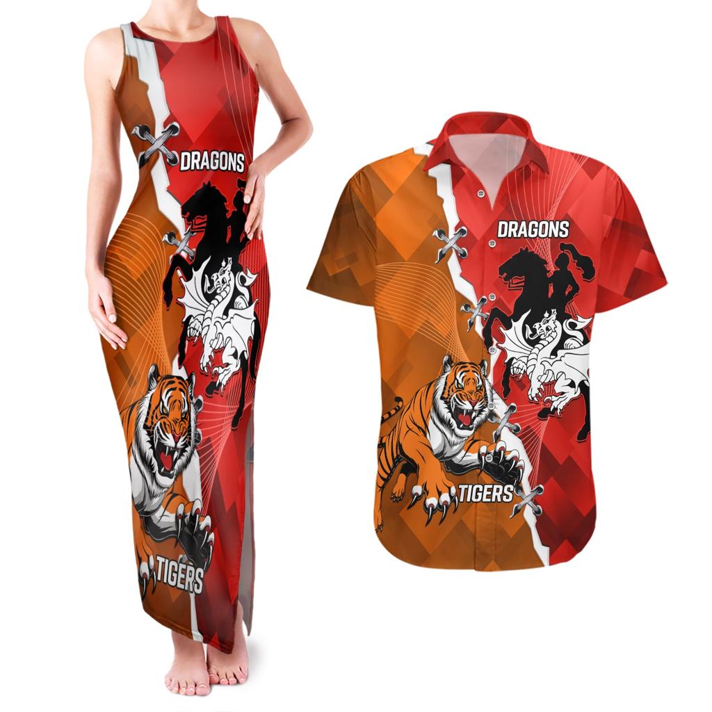 Personalised Dragons And Tigers Rugby Couples Matching Tank Maxi Dress and Hawaiian Shirt Sporty Style