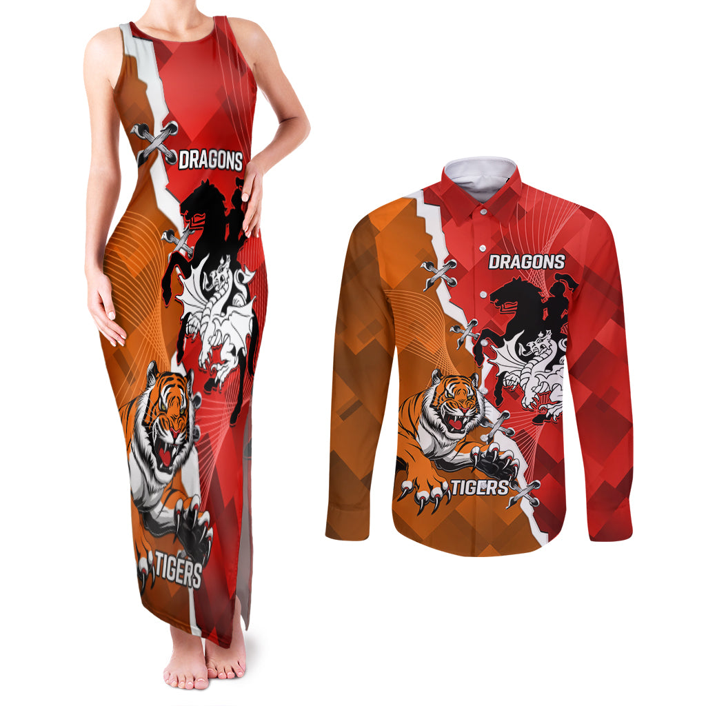 Personalised Dragons And Tigers Rugby Couples Matching Tank Maxi Dress and Long Sleeve Button Shirt Sporty Style