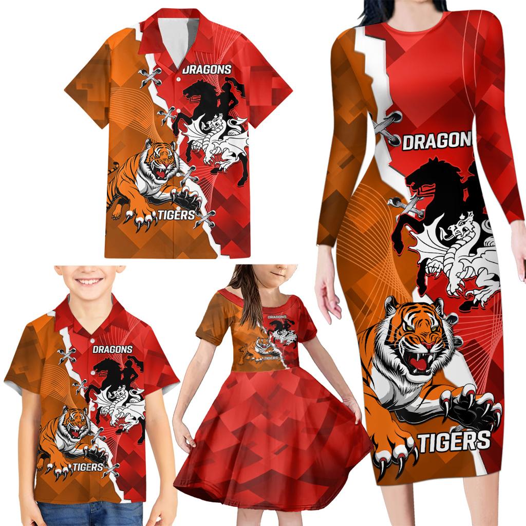 Personalised Dragons And Tigers Rugby Family Matching Long Sleeve Bodycon Dress and Hawaiian Shirt Sporty Style