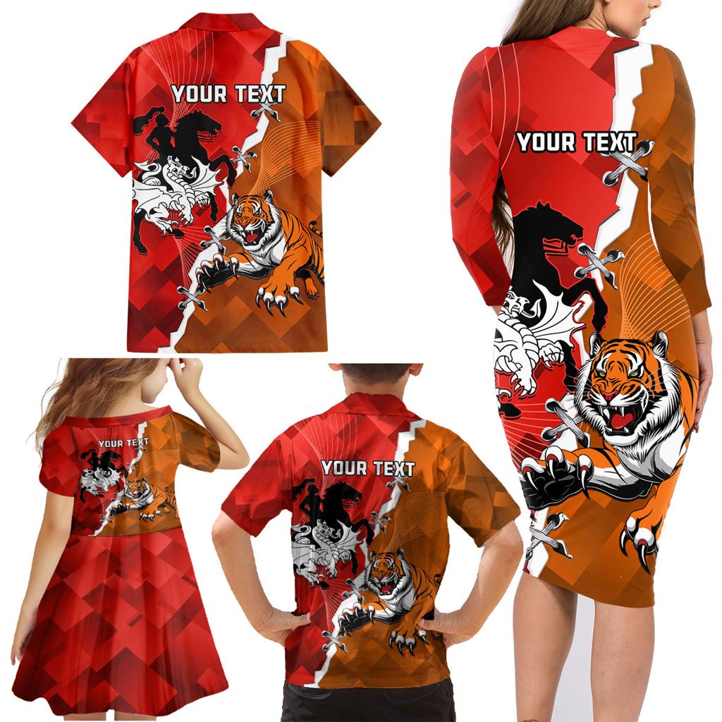 Personalised Dragons And Tigers Rugby Family Matching Long Sleeve Bodycon Dress and Hawaiian Shirt Sporty Style