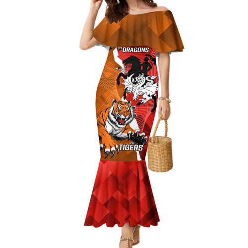 Personalised Dragons And Tigers Rugby Family Matching Mermaid Dress and Hawaiian Shirt Sporty Style