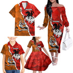 Personalised Dragons And Tigers Rugby Family Matching Off The Shoulder Long Sleeve Dress and Hawaiian Shirt Sporty Style