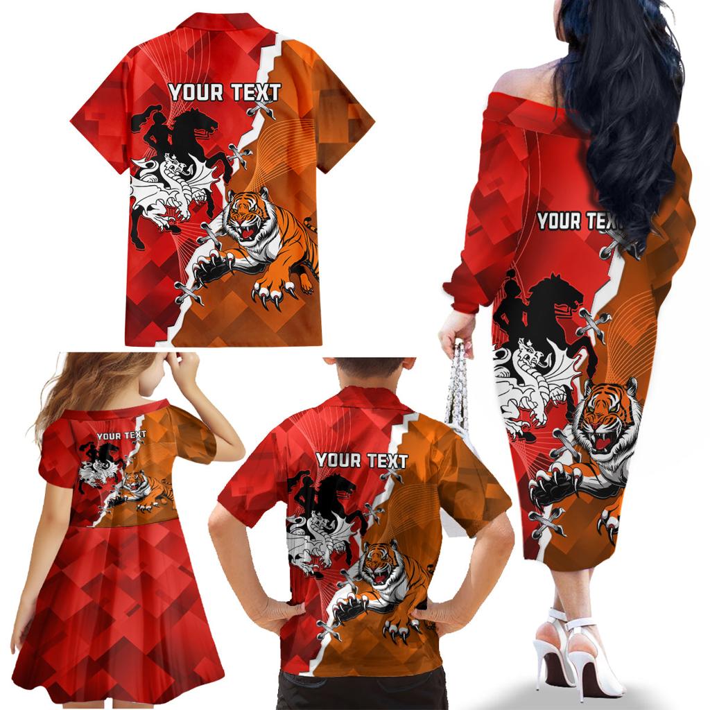 Personalised Dragons And Tigers Rugby Family Matching Off The Shoulder Long Sleeve Dress and Hawaiian Shirt Sporty Style