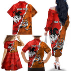 Personalised Dragons And Tigers Rugby Family Matching Off The Shoulder Long Sleeve Dress and Hawaiian Shirt Sporty Style