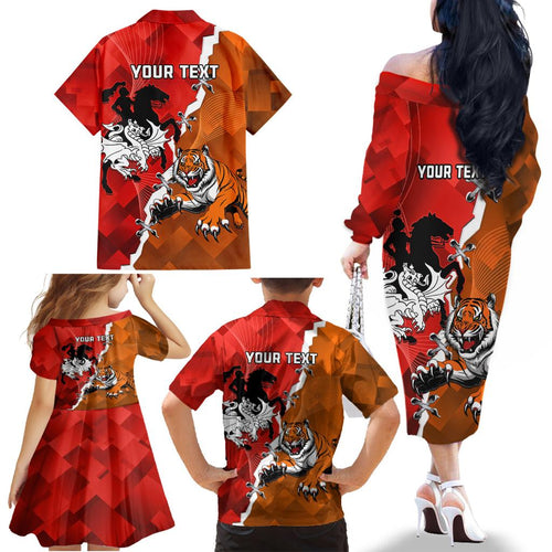 Personalised Dragons And Tigers Rugby Family Matching Off The Shoulder Long Sleeve Dress and Hawaiian Shirt Sporty Style