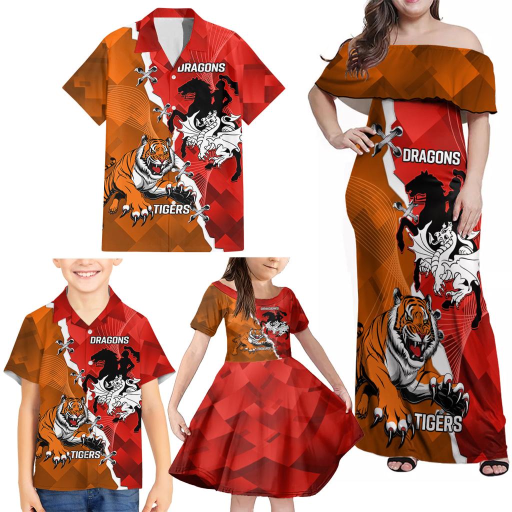 Personalised Dragons And Tigers Rugby Family Matching Off Shoulder Maxi Dress and Hawaiian Shirt Sporty Style