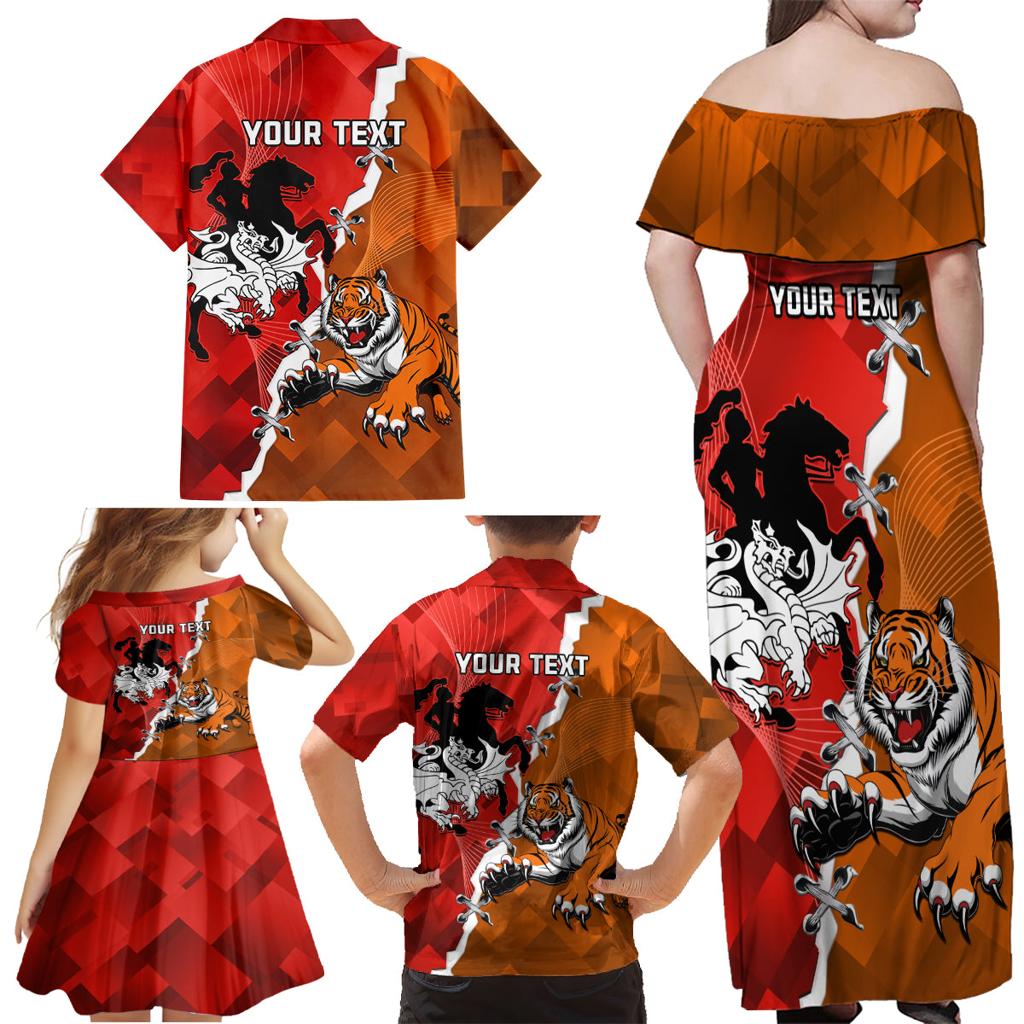 Personalised Dragons And Tigers Rugby Family Matching Off Shoulder Maxi Dress and Hawaiian Shirt Sporty Style