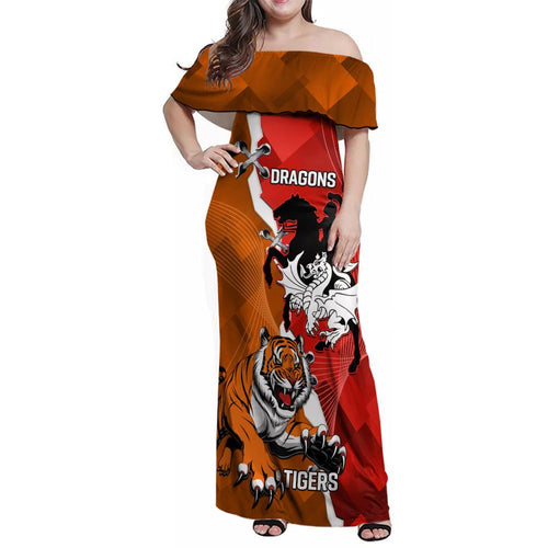Personalised Dragons And Tigers Rugby Family Matching Off Shoulder Maxi Dress and Hawaiian Shirt Sporty Style