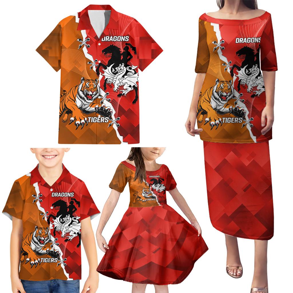 Personalised Dragons And Tigers Rugby Family Matching Puletasi and Hawaiian Shirt Sporty Style