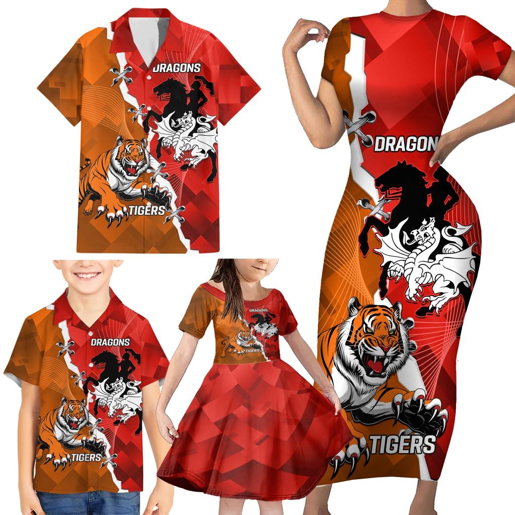 Personalised Dragons And Tigers Rugby Family Matching Short Sleeve Bodycon Dress and Hawaiian Shirt Sporty Style