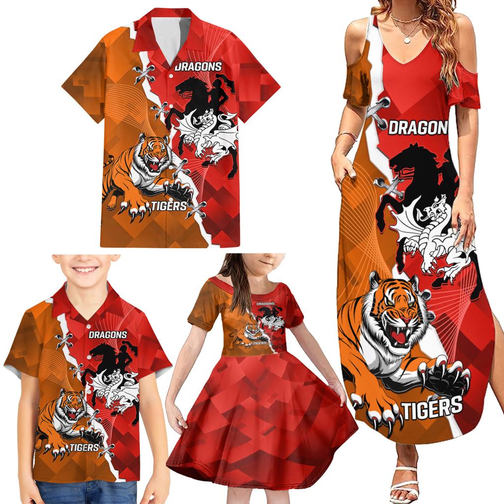 Personalised Dragons And Tigers Rugby Family Matching Summer Maxi Dress and Hawaiian Shirt Sporty Style