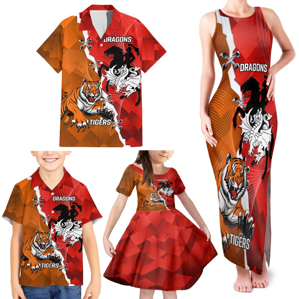 Personalised Dragons And Tigers Rugby Family Matching Tank Maxi Dress and Hawaiian Shirt Sporty Style