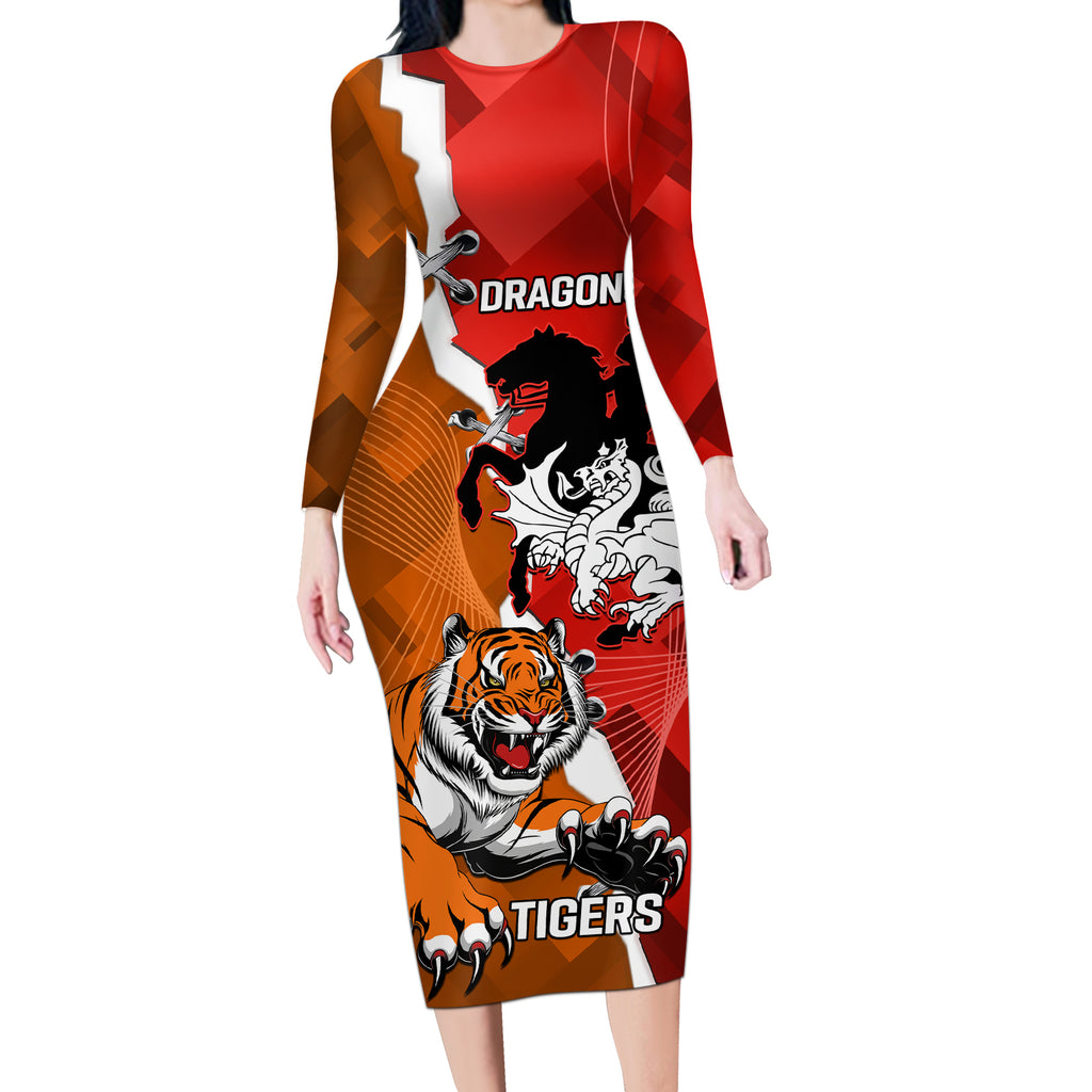 Personalised Dragons And Tigers Rugby Long Sleeve Bodycon Dress Sporty Style