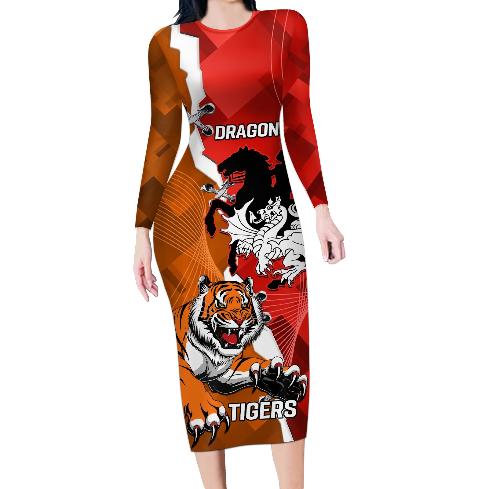 Personalised Dragons And Tigers Rugby Long Sleeve Bodycon Dress Sporty Style