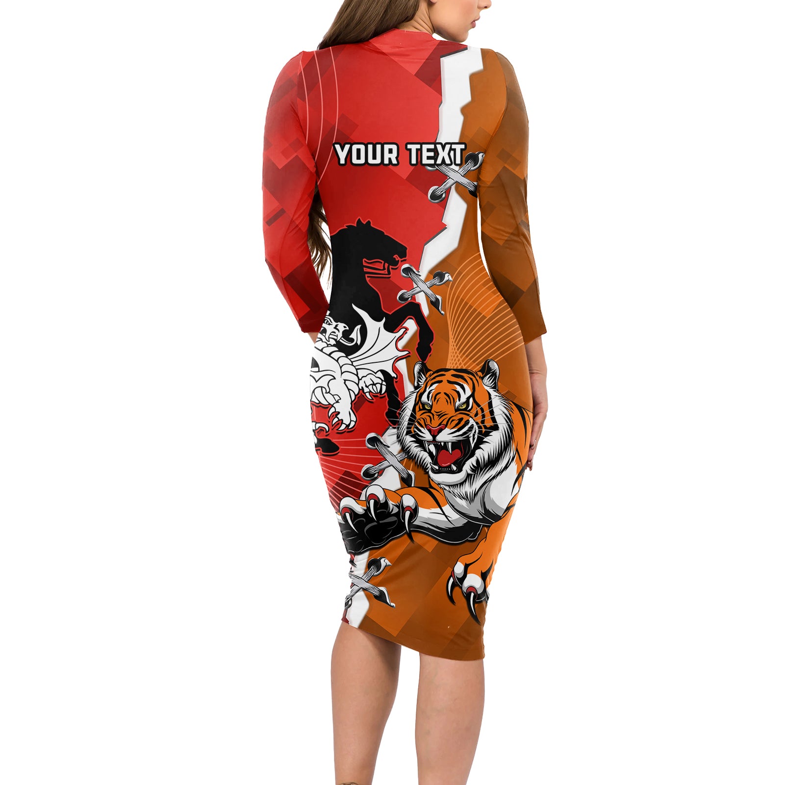 Personalised Dragons And Tigers Rugby Long Sleeve Bodycon Dress Sporty Style