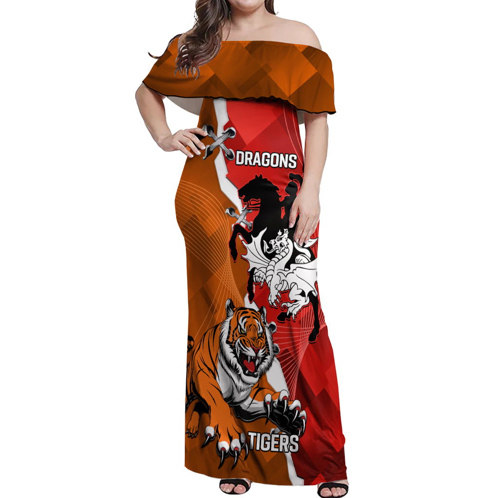Personalised Dragons And Tigers Rugby Off Shoulder Maxi Dress Sporty Style