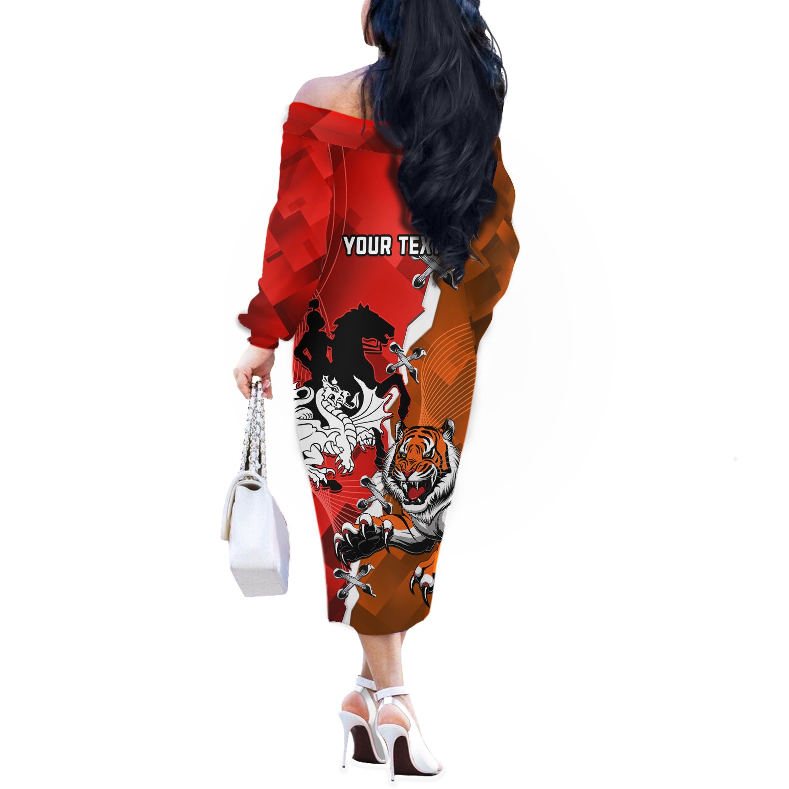Personalised Dragons And Tigers Rugby Off The Shoulder Long Sleeve Dress Sporty Style