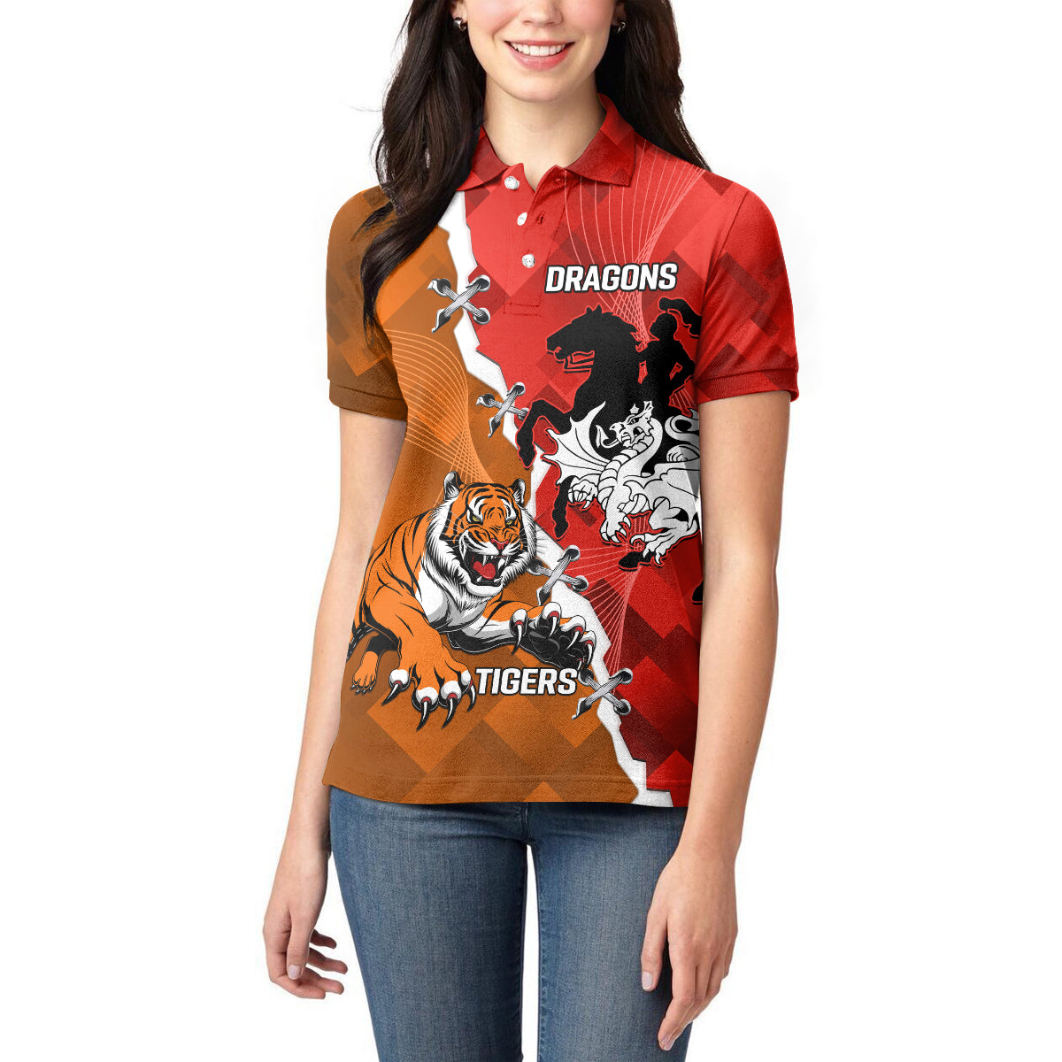 Personalised Dragons And Tigers Rugby Women Polo Shirt Sporty Style