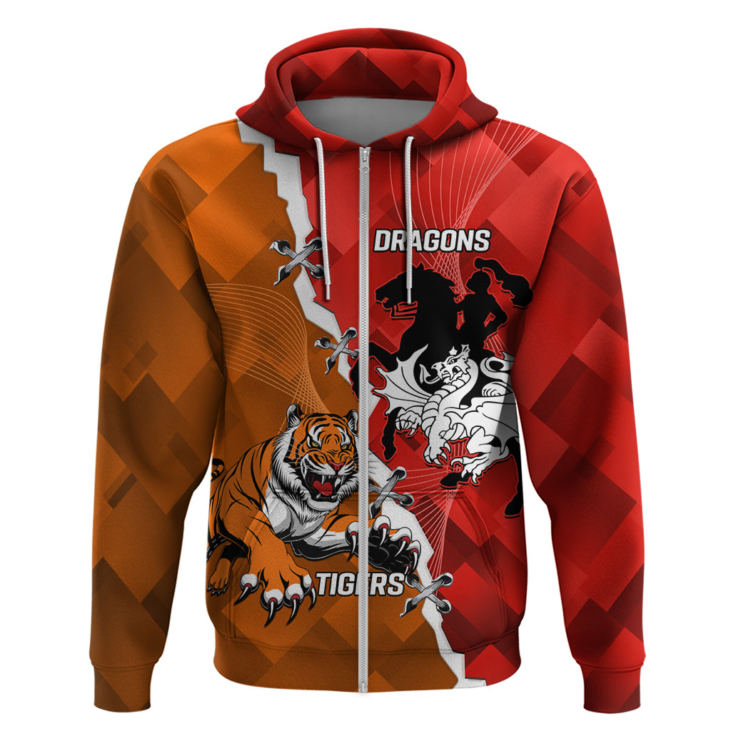 Personalised Dragons And Tigers Rugby Zip Hoodie Sporty Style