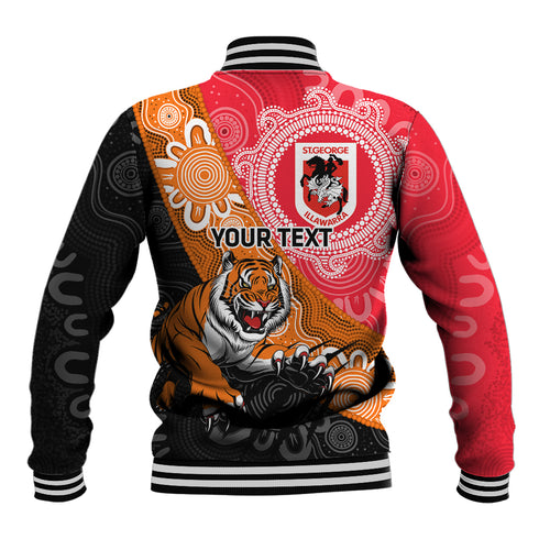 Personalised Dragons And Tigers Rugby Baseball Jacket Aboriginal Art