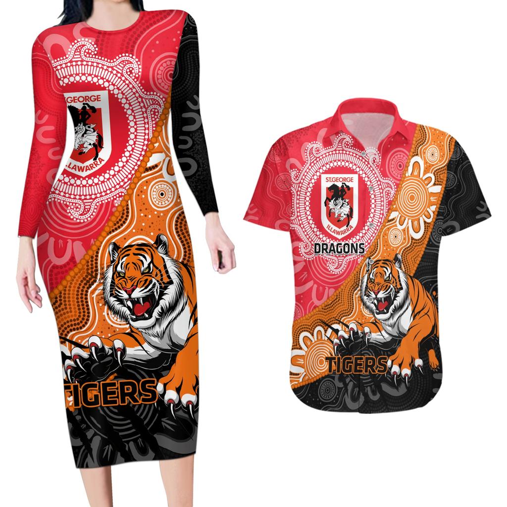 Personalised Dragons And Tigers Rugby Couples Matching Long Sleeve Bodycon Dress and Hawaiian Shirt Aboriginal Art