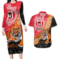 Personalised Dragons And Tigers Rugby Couples Matching Long Sleeve Bodycon Dress and Hawaiian Shirt Aboriginal Art