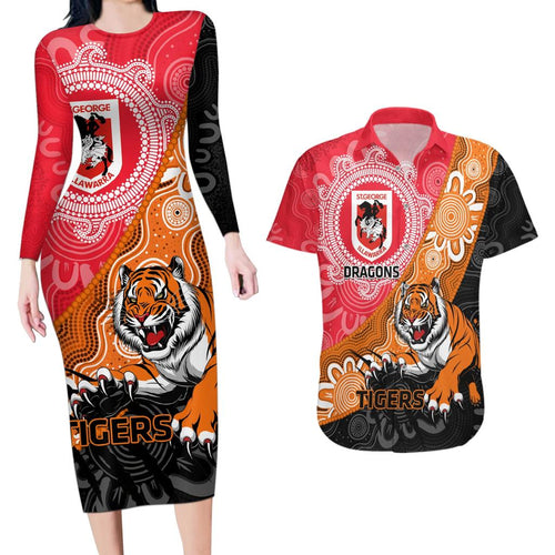 Personalised Dragons And Tigers Rugby Couples Matching Long Sleeve Bodycon Dress and Hawaiian Shirt Aboriginal Art