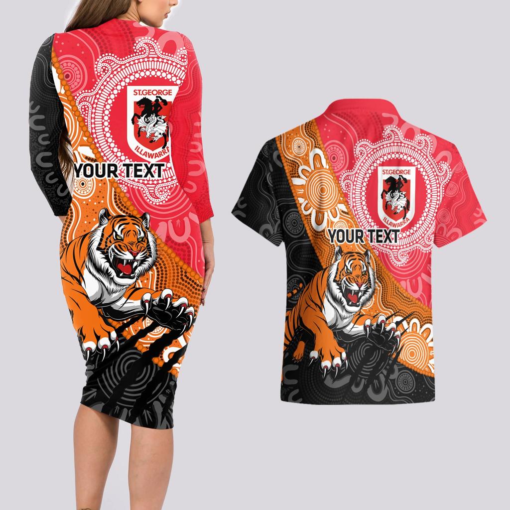 Personalised Dragons And Tigers Rugby Couples Matching Long Sleeve Bodycon Dress and Hawaiian Shirt Aboriginal Art