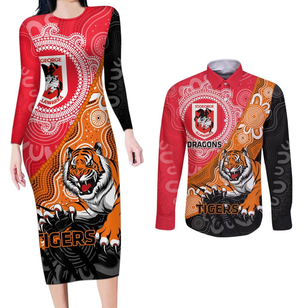 Personalised Dragons And Tigers Rugby Couples Matching Long Sleeve Bodycon Dress and Long Sleeve Button Shirt Aboriginal Art