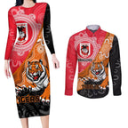 Personalised Dragons And Tigers Rugby Couples Matching Long Sleeve Bodycon Dress and Long Sleeve Button Shirt Aboriginal Art