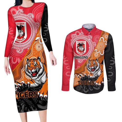 Personalised Dragons And Tigers Rugby Couples Matching Long Sleeve Bodycon Dress and Long Sleeve Button Shirt Aboriginal Art