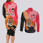 Personalised Dragons And Tigers Rugby Couples Matching Long Sleeve Bodycon Dress and Long Sleeve Button Shirt Aboriginal Art