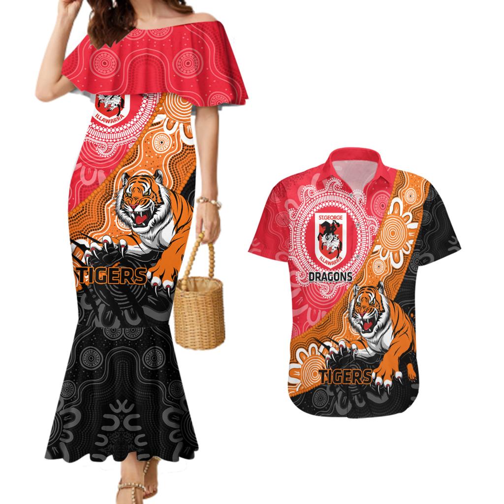 Personalised Dragons And Tigers Rugby Couples Matching Mermaid Dress and Hawaiian Shirt Aboriginal Art