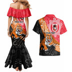 Personalised Dragons And Tigers Rugby Couples Matching Mermaid Dress and Hawaiian Shirt Aboriginal Art