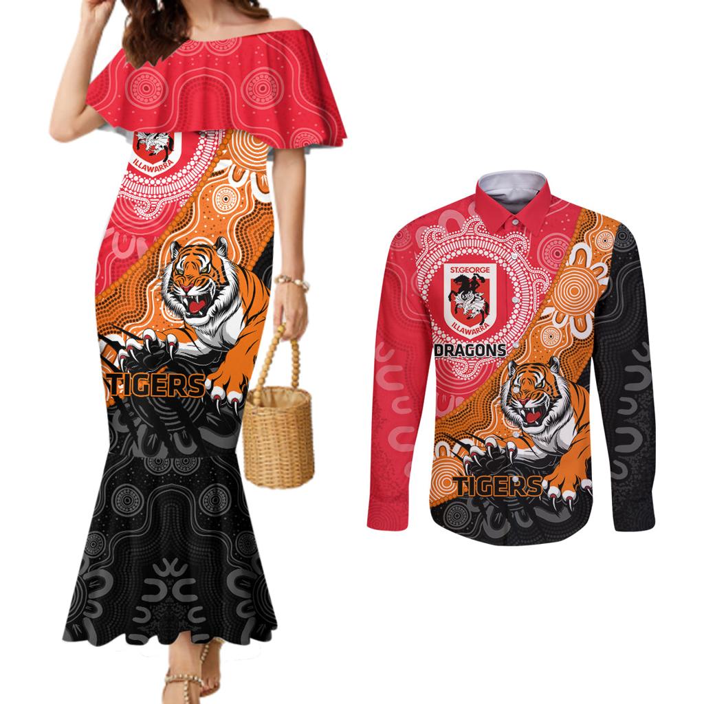 Personalised Dragons And Tigers Rugby Couples Matching Mermaid Dress and Long Sleeve Button Shirt Aboriginal Art