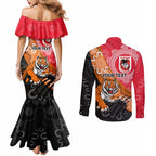 Personalised Dragons And Tigers Rugby Couples Matching Mermaid Dress and Long Sleeve Button Shirt Aboriginal Art