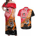 Personalised Dragons And Tigers Rugby Couples Matching Off Shoulder Maxi Dress and Hawaiian Shirt Aboriginal Art