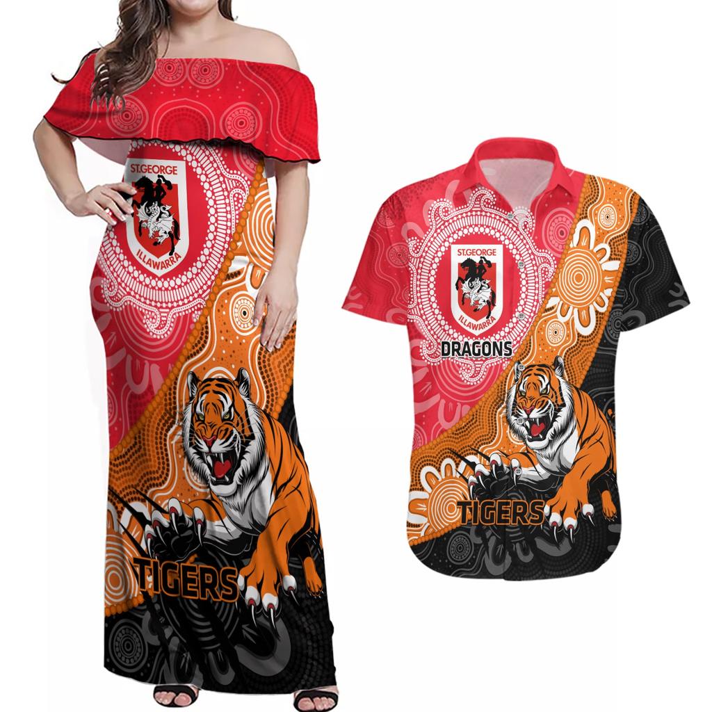 Personalised Dragons And Tigers Rugby Couples Matching Off Shoulder Maxi Dress and Hawaiian Shirt Aboriginal Art