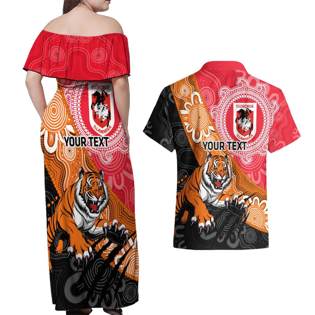 Personalised Dragons And Tigers Rugby Couples Matching Off Shoulder Maxi Dress and Hawaiian Shirt Aboriginal Art