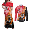 Personalised Dragons And Tigers Rugby Couples Matching Off Shoulder Maxi Dress and Long Sleeve Button Shirt Aboriginal Art