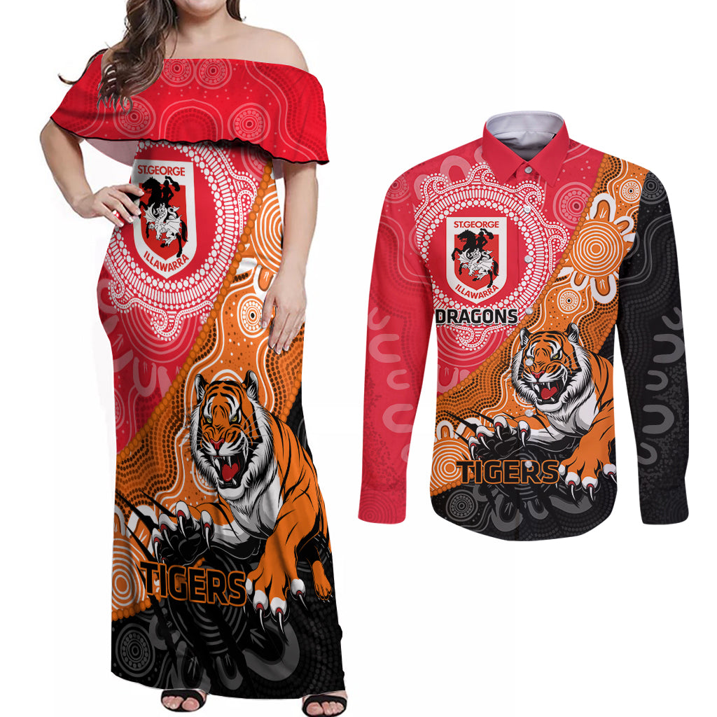 Personalised Dragons And Tigers Rugby Couples Matching Off Shoulder Maxi Dress and Long Sleeve Button Shirt Aboriginal Art