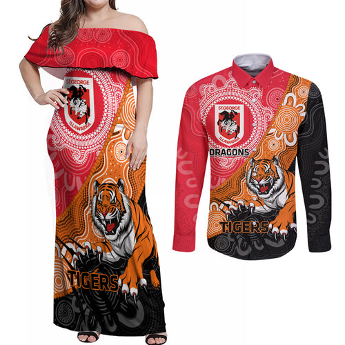 Personalised Dragons And Tigers Rugby Couples Matching Off Shoulder Maxi Dress and Long Sleeve Button Shirt Aboriginal Art