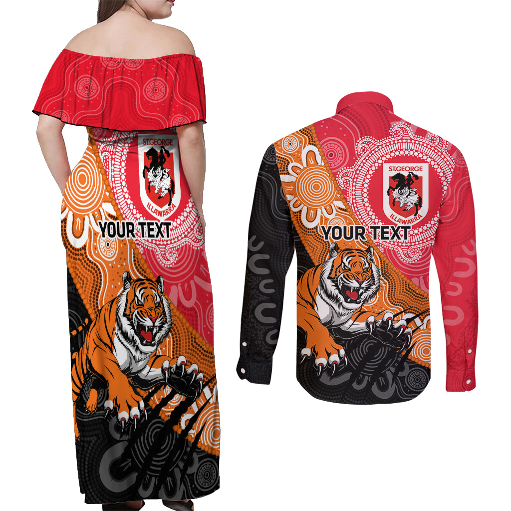 Personalised Dragons And Tigers Rugby Couples Matching Off Shoulder Maxi Dress and Long Sleeve Button Shirt Aboriginal Art