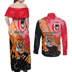 Personalised Dragons And Tigers Rugby Couples Matching Off Shoulder Maxi Dress and Long Sleeve Button Shirt Aboriginal Art