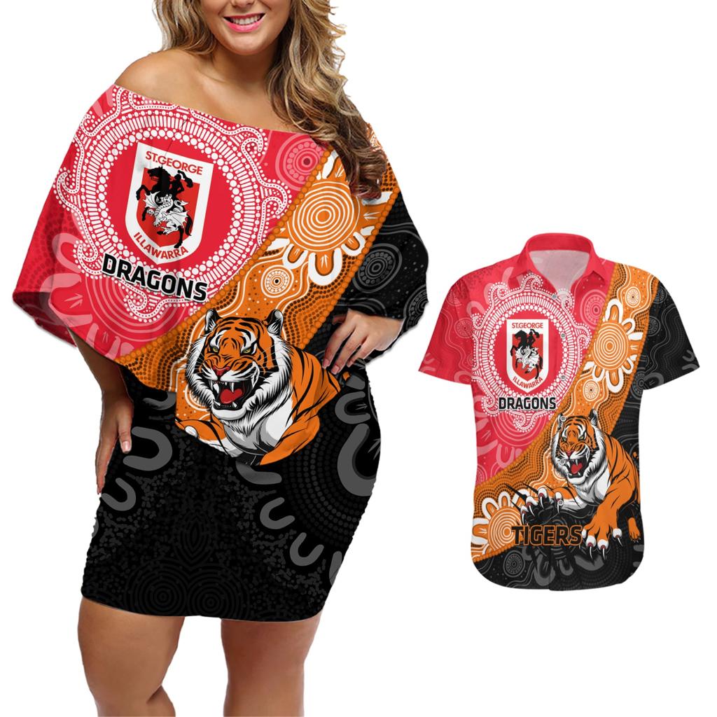 Personalised Dragons And Tigers Rugby Couples Matching Off Shoulder Short Dress and Hawaiian Shirt Aboriginal Art