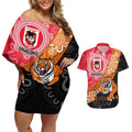 Personalised Dragons And Tigers Rugby Couples Matching Off Shoulder Short Dress and Hawaiian Shirt Aboriginal Art