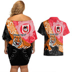 Personalised Dragons And Tigers Rugby Couples Matching Off Shoulder Short Dress and Hawaiian Shirt Aboriginal Art
