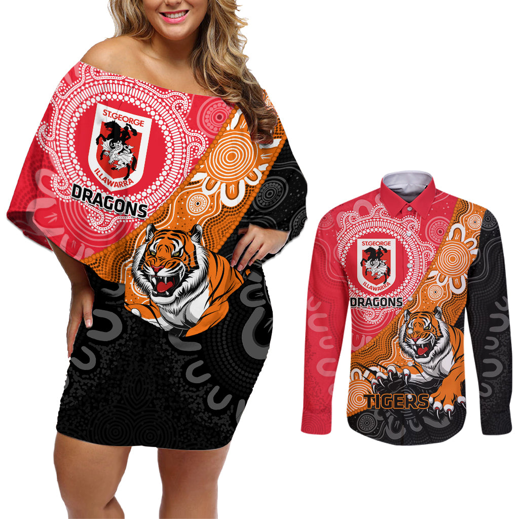 Personalised Dragons And Tigers Rugby Couples Matching Off Shoulder Short Dress and Long Sleeve Button Shirt Aboriginal Art