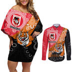 Personalised Dragons And Tigers Rugby Couples Matching Off Shoulder Short Dress and Long Sleeve Button Shirt Aboriginal Art
